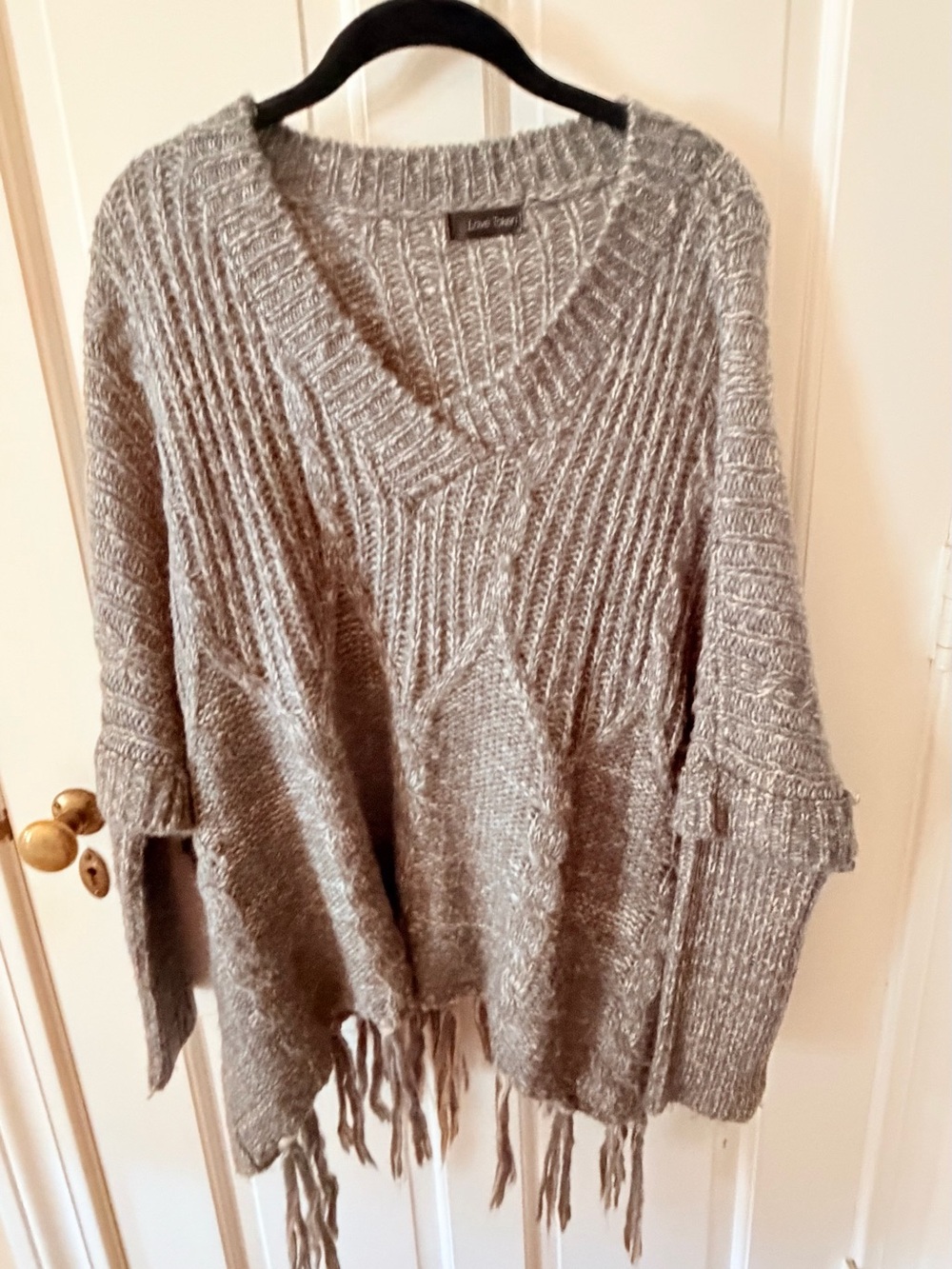 Love Token Cabled Poncho Sweater with sleeves. Gray